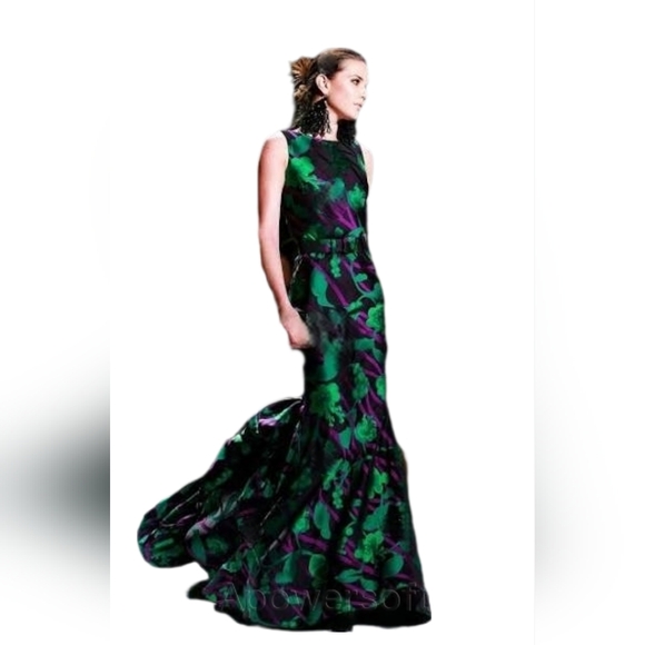 *$6,000 OSCAR DE LA RENTA ADOREABLE SILK GREEN FLORAL RUNW DRESS GOWN 6 - Picture 1 of 16